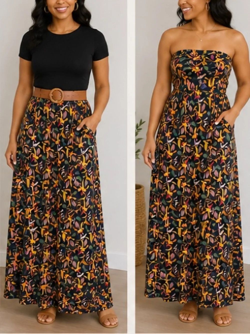 LuLaRoe Black Maxi Skirt with Colorful Leaf Print